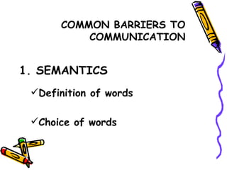 COMMON BARRIERS TO COMMUNICATION 1. SEMANTICS Definition of words Choice of words 