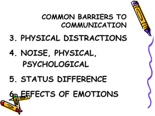 COMMON BARRIERS TO COMMUNICATION 3. PHYSICAL DISTRACTIONS 4. NOISE, PHYSICAL, PSYCHOLOGICAL 5. STATUS DIFFERENCE 6. EFFECTS OF EMOTIONS 