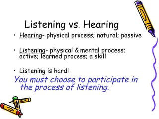 Listening vs. Hearing Hearing - physical process; natural; passive Listening - physical & mental process; active; learned process; a skill Listening is hard! You must choose to participate in the process of listening.  