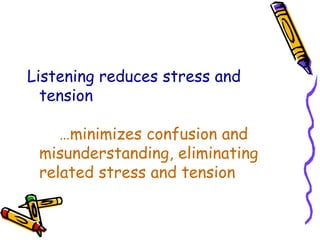 Listening reduces stress and tension …minimizes confusion and  misunderstanding, eliminating  related stress and tension 
