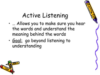Active Listening …  Allows you to make sure you hear the words and understand the meaning behind the words Goal:   go beyond listening to understanding 