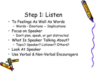 Step 1: Listen To Feelings As Well As Words Words – Emotions -- Implications Focus on Speaker Don’t plan, speak, or get distracted What Is Speaker Talking About? Topic? Speaker? Listener? Others? Look At Speaker Use Verbal & Non-Verbal Encouragers 