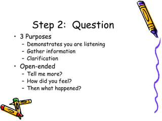 Step 2:  Question 3 Purposes Demonstrates you are listening Gather information Clarification Open-ended Tell me more? How did you feel? Then what happened? 