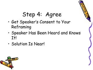 Step 4:  Agree Get Speaker’s Consent to Your Reframing Speaker Has Been Heard and Knows It! Solution Is Near! 