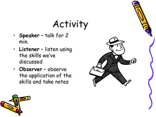 Activity Speaker  – talk for 2 min. Listener  – listen using the skills we’ve discussed Observer  – observe the application of the skills and take notes 