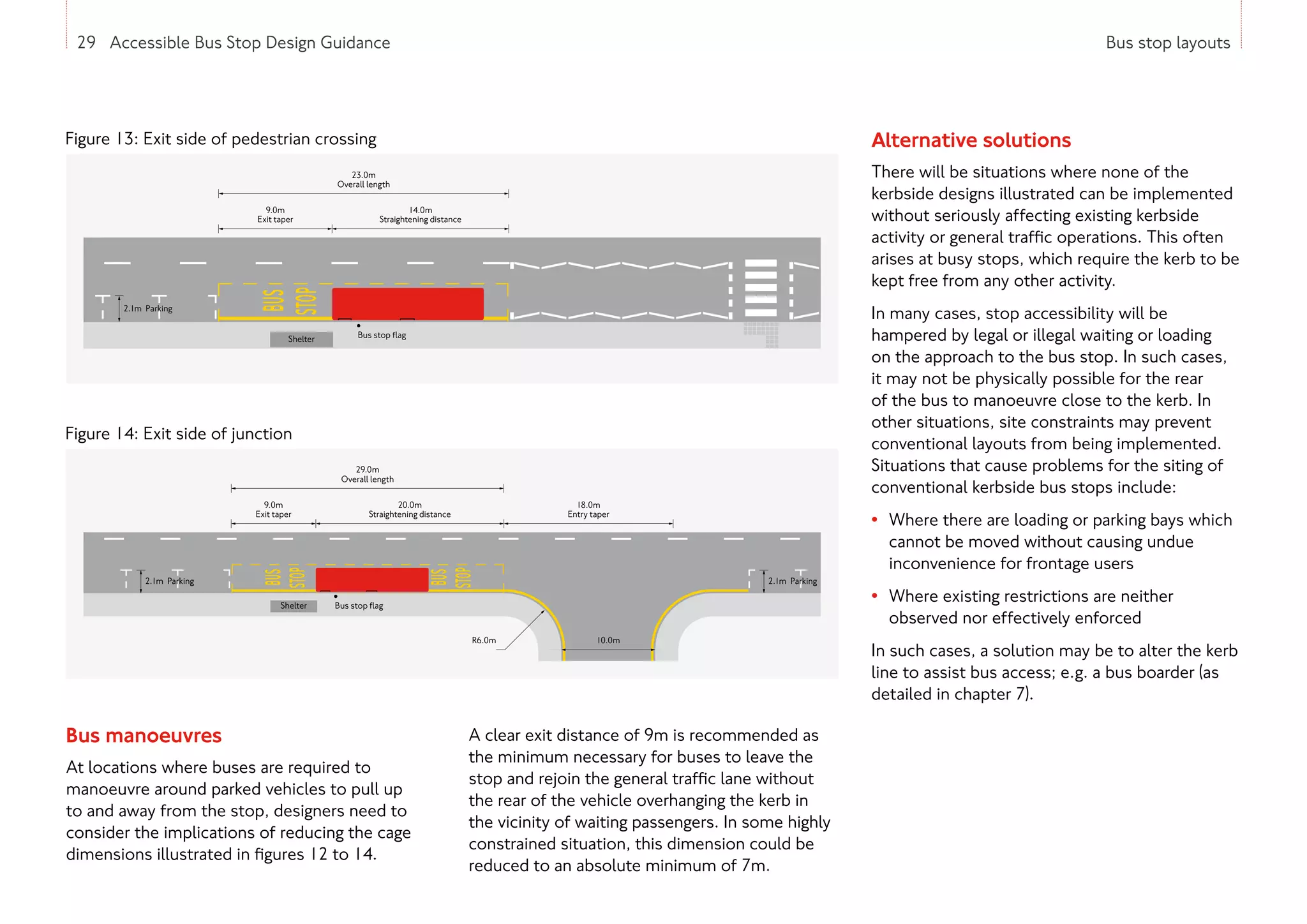 29 Accessible Bus Stop Design Guidance Bus stop layouts
Figure 13: Exit side of pedestrian crossing
Figure 14: Exit side of junction
Bus manoeuvres
At locations where buses are required to
manoeuvre around parked vehicles to pull up
to and away from the stop, designers need to
consider the implications of reducing the cage
dimensions illustrated in figures 12 to 14.
A clear exit distance of 9m is recommended as
the minimum necessary for buses to leave the
stop and rejoin the general traffic lane without
the rear of the vehicle overhanging the kerb in
the vicinity of waiting passengers. In some highly
constrained situation, this dimension could be
reduced to an absolute minimum of 7m.
Alternative solutions
There will be situations where none of the
kerbside designs illustrated can be implemented
without seriously affecting existing kerbside
activity or general traffic operations. This often
arises at busy stops, which require the kerb to be
kept free from any other activity.
In many cases, stop accessibility will be
hampered by legal or illegal waiting or loading
on the approach to the bus stop. In such cases,
it may not be physically possible for the rear
of the bus to manoeuvre close to the kerb. In
other situations, site constraints may prevent
conventional layouts from being implemented.
Situations that cause problems for the siting of
conventional kerbside bus stops include:
• Where there are loading or parking bays which
cannot be moved without causing undue
inconvenience for frontage users
• Where existing restrictions are neither
observed nor effectively enforced
In such cases, a solution may be to alter the kerb
line to assist bus access; e.g. a bus boarder (as
detailed in chapter 7).
29 Accessible Bus Stop Design Guidance
23.0m
Overall length
14.0m
Straightening distance
9.0m
Exit taper
Shelter Bus stop ﬂag
2.1m Parking
29.0m
Overall length
20.0m
Straightening distance
9.0m
Exit taper
Shelter Bus stop ﬂag
2.1m Parking
18.0m
Entry taper
2.1m Parking
10.0m
R6.0m
 