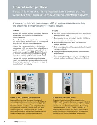 Ethernet switch portfolio
ELPRO 5073E-T Managed Ethernet Switch
Designed for the critical demands of industrial
network applications and environments, the 5073E-T
seven-port plus three-combo port industrial Gigabit
Ethernet switch is easy to use and simple to install.
Equipped with seven fast Ethernet ports and three
combo Gigabit and fiber optic ports, the switch
features an innovative self-recovery scheme enabling
quickly quick recovery from ring network faults.
ELPRO 1050E-T Ethernet Switch
A five-port basic industrial Ethernet switch, the
1050E-T easily meets the demands of rugged industrial
environments. Easy to use, the switch offers both DIN
rail and wall mount installation options. Supporting
Ethernet switching to 802.3 10Base-T and 802.3u
100Base-TX specifications, the 1050E-T features full-
duplex performance plus flow control for maximum
performance in unmanaged switch deployments.
Features
Rugged. Our Ethernet switches support the industrial
temperature, vibration, and surge ratings our
customers expect.
Secure. Supporting proven protocols for port security
and access control, the network can be operated with
assurance that it is safe from unwanted data.
Reliable. Our managed switches are designed to
balance data traffic and recover from network failures
quickly and easily. Our switches support SNMP for
easy remote management, QOS (Quality of Service)
to prioritize critical messages and self-healing ring
technology enabling quick recovery from lost links.
Flexible. Our Ethernet Switch Portfolio features a
variety of managed and unmanaged configurations,
delivering a comprehensive solution for device and
control network connectivity.
Benefits
•	 Industrial and critical safety ratings support deployment
anywhere in your plant.
•	 Seamless,end-to-end connectivity from the field device
or sensor to the control system.
•	 Millisecond-level recovery of link failures ensures
network resilience.
•	 Safe, secure operation with access control and intrusion
management tools.
•	 Segregation of control traffic ensures prioritization for
safe operation.
•	 Seamless,easy deployment with our industry-leading
wireless products and Network Management System.
Industrial Ethernet switch family integrates Eaton’s wireless portfolio
with critical assets such as PLCs, SCADA systems and intelligent devices
A managed portfolio fully integrates with NMS to provide end-to-end connectivity
and streamlined management of your industrial network.
4 EATON Industrial networks ﻿﻿
 