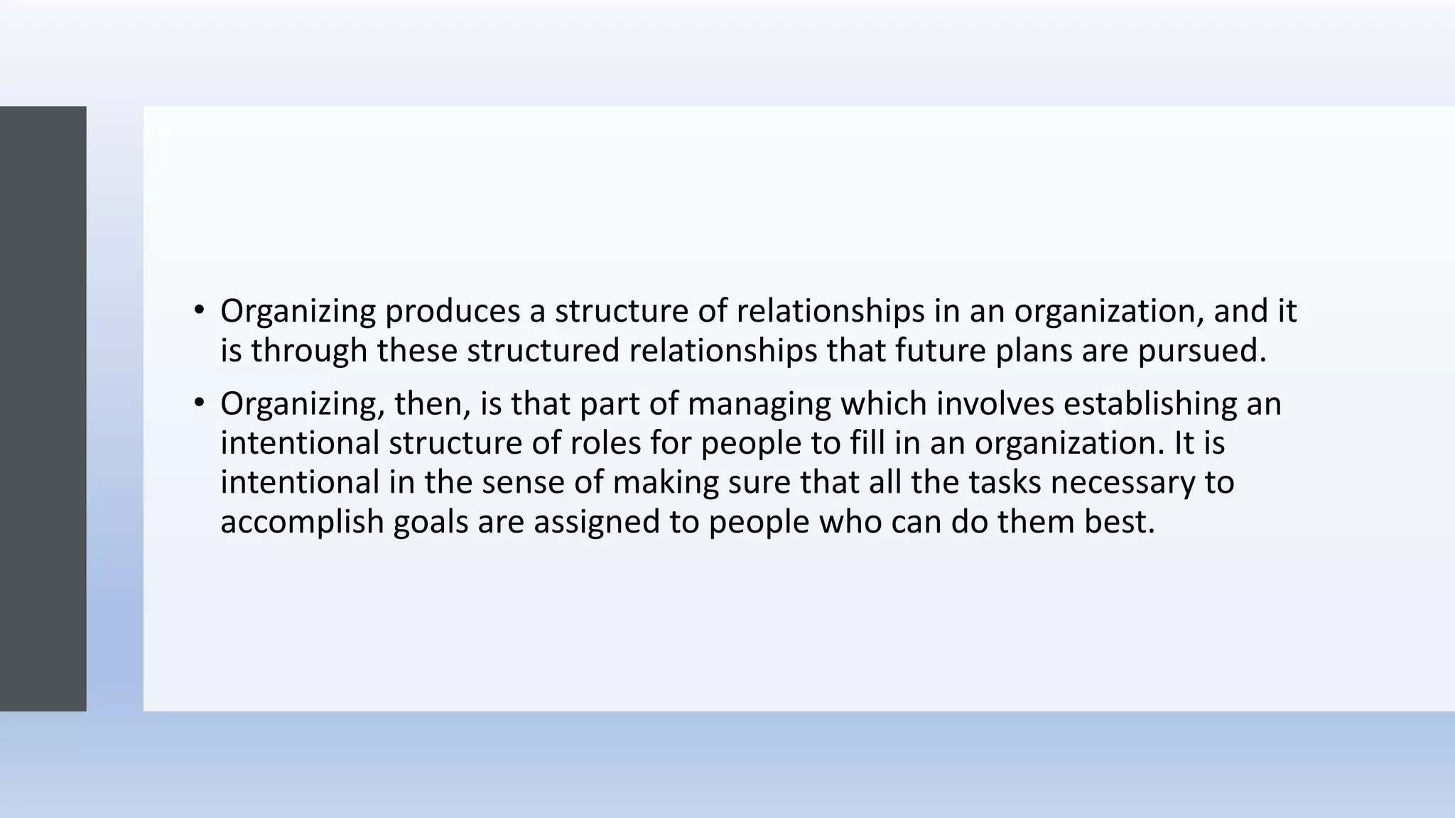 • Organizing produces a structure of relationships in an organization, and it
is through these structured relationships that future plans are pursued.
• Organizing, then, is that part of managing which involves establishing an
intentional structure of roles for people to fill in an organization. It is
intentional in the sense of making sure that all the tasks necessary to
accomplish goals are assigned to people who can do them best.
 