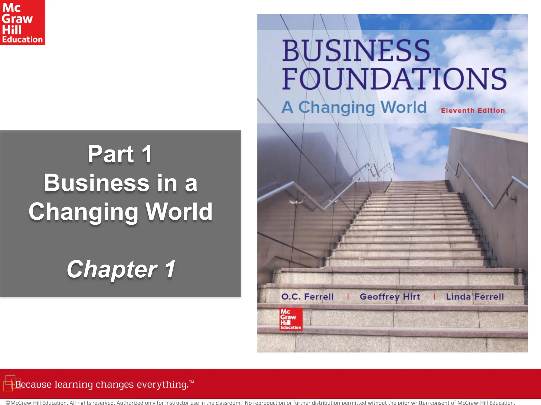 ©McGraw-Hill Education. All rights reserved. Authorized only for instructor use in the classroom. No reproduction or further distribution permitted without the prior written consent of McGraw-Hill Education.
Part 1
Business in a
Changing World
Chapter 1
 