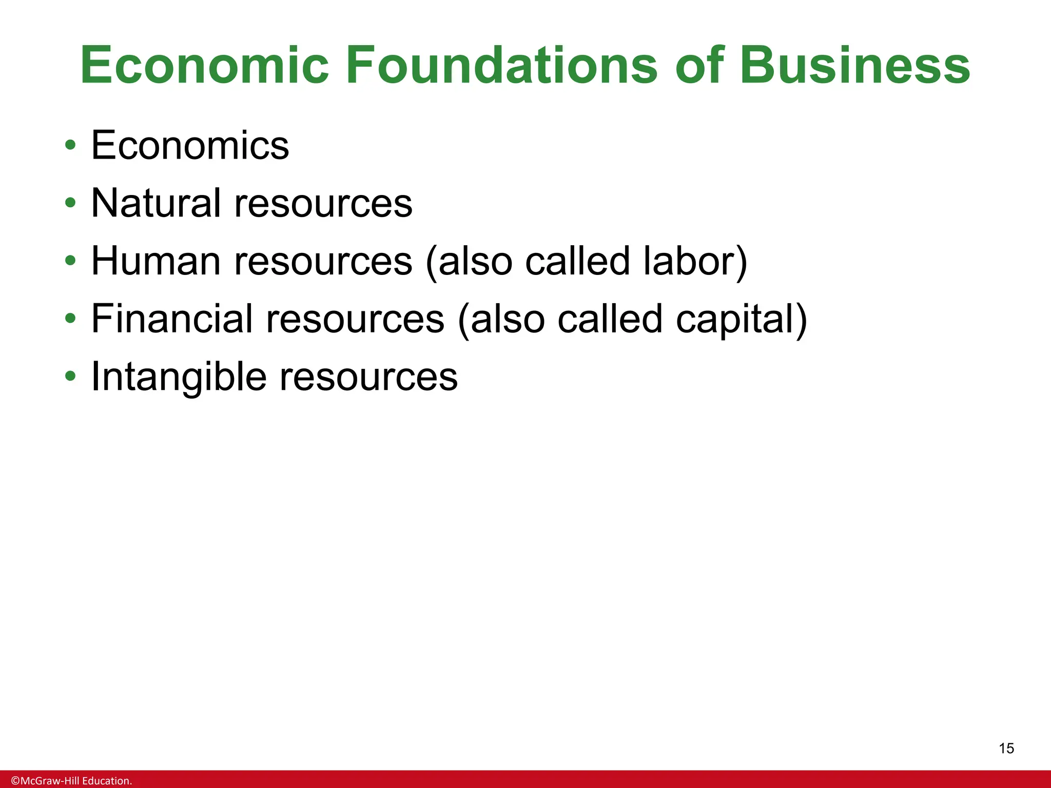 ©McGraw-Hill Education.
15
Economic Foundations of Business
• Economics
• Natural resources
• Human resources (also called labor)
• Financial resources (also called capital)
• Intangible resources
 