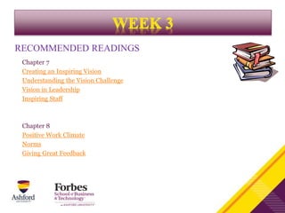 RECOMMENDED READINGS
Chapter 7
Creating an Inspiring Vision
Understanding the Vision Challenge
Vision in Leadership
Inspiring Staff
Chapter 8
Positive Work Climate
Norms
Giving Great Feedback
 