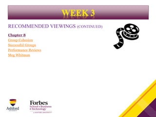 RECOMMENDED VIEWINGS (CONTINUED)
Chapter 8
Group Cohesion
Successful Groups
Performance Reviews
Meg Whitman
 