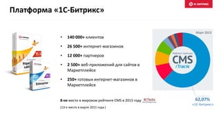 Платформа «1С-Битрикс»
• 140 000+ клиентов
• 26 500+ интернет-магазинов
• 12 000+ партнеров
• 2 500+ веб-приложений для сайтов в
Маркетплейсе
• 250+ готовых интернет-магазинов в
Маркетплейсе
62,07%
«1С-Битрикс»
Март 2015
8-ое место в мировом рейтинге CMS в 2015 году
(13-е место в марте 2011 года )
 