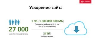 Ускорение сайта
27 000КЛИЕНТОВ ИСПОЛЬЗУЮТ CDN [5 Тб]
Трафика в день
[1 000 000 000 Мб]
Передали трафика за 2014 год
(css, js, изображения)
1 Пб
 