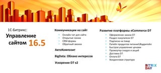 • Онлайн-чат для сайта
• Открытые линии
• CRM-формы
• Обратный звонок
Коммуникации на сайт
АвтоКомпозит
BigData: Облако интересов
Развитие платформы eCommerce D7
Ускорение D7 x2
• Оформление заказа D7
• Раздел покупателя D7
• Подписка на товар
• Ритейл продуктов питанияФудритейл
• Быстрое управление ценами
• Промоутер скидок и акций
• Доставка D7
• Оплата D7
• Холдинговая структура
1С-Битрикс:
Управление
сайтом 16.5
 