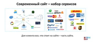 Для клиента все, что стоит на сайте – часть сайта.
Современный сайт – набор сервисов
 