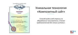Уникальная технология
«Композитный сайт»
«Способ выдачи веб-страниц на
оборудование пользователя, а также
предназначенной для этого системы».
 