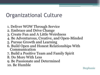 Organizational Culture
1. Deliver WOW Through Service
2. Embrace and Drive Change
3. Create Fun and A Little Weirdness
4. Be Adventurous, Creative, and Open-Minded
5. Pursue Growth and Learning
6. Build Open and Honest Relationships With
  Communication
7. Build a Positive Team and Family Spirit
8. Do More With Less
9. Be Passionate and Determined
10. Be Humble
                                               Stephanie
 