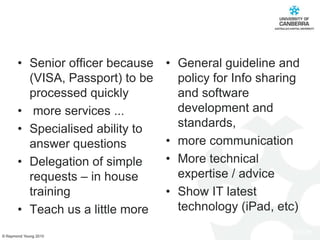 How to know when communication is goodMeasure behavioural improvementsAny changes in the way IT communicates with customers?Is IT closer to customers?Is customer perception of IT getting better?Is staff morale better?What would they like improved?Is the blame game getting less prominent?Is the executive team more supportive and educated on IT projectsProcess improvementsIs good information being created and communicated throughout dept on a timely basisImprovements in IT business fundamentalsRate IT support callsCustomer satisfaction before project and QTRSystem up timeAverage call open timeOn-time project completions1	Very poor2	Poor3	Fair4	OK5	Good6	Very Good7	Excellent