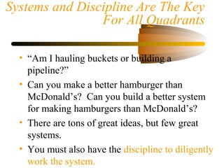 Systems and Discipline Are The Key
For All Quadrants
• “Am I hauling buckets or building a
pipeline?”
• Can you make a better hamburger than
McDonald’s? Can you build a better system
for making hamburgers than McDonald’s?
• There are tons of great ideas, but few great
systems.
• You must also have the discipline to diligently
work the system.
 