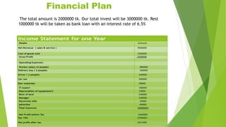 Financial Plan
The total amount is 2000000 tk. Our total invest will be 3000000 tk. Rest
1000000 tk will be taken as bank loan with an interest rate of 6.5%
 