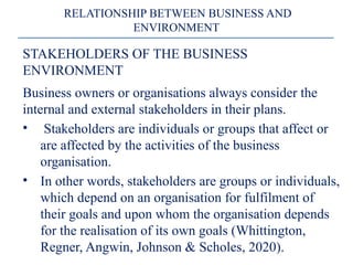 STAKEHOLDERS OF THE BUSINESS
ENVIRONMENT
Business owners or organisations always consider the
internal and external stakeholders in their plans.
• Stakeholders are individuals or groups that affect or
are affected by the activities of the business
organisation.
• In other words, stakeholders are groups or individuals,
which depend on an organisation for fulfilment of
their goals and upon whom the organisation depends
for the realisation of its own goals (Whittington,
Regner, Angwin, Johnson & Scholes, 2020).
RELATIONSHIP BETWEEN BUSINESS AND
ENVIRONMENT
 