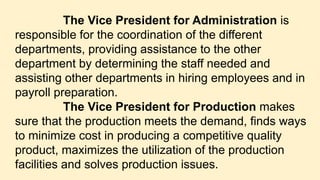 The Vice President for Administration is
responsible for the coordination of the different
departments, providing assistance to the other
department by determining the staff needed and
assisting other departments in hiring employees and in
payroll preparation.
The Vice President for Production makes
sure that the production meets the demand, finds ways
to minimize cost in producing a competitive quality
product, maximizes the utilization of the production
facilities and solves production issues.
 
