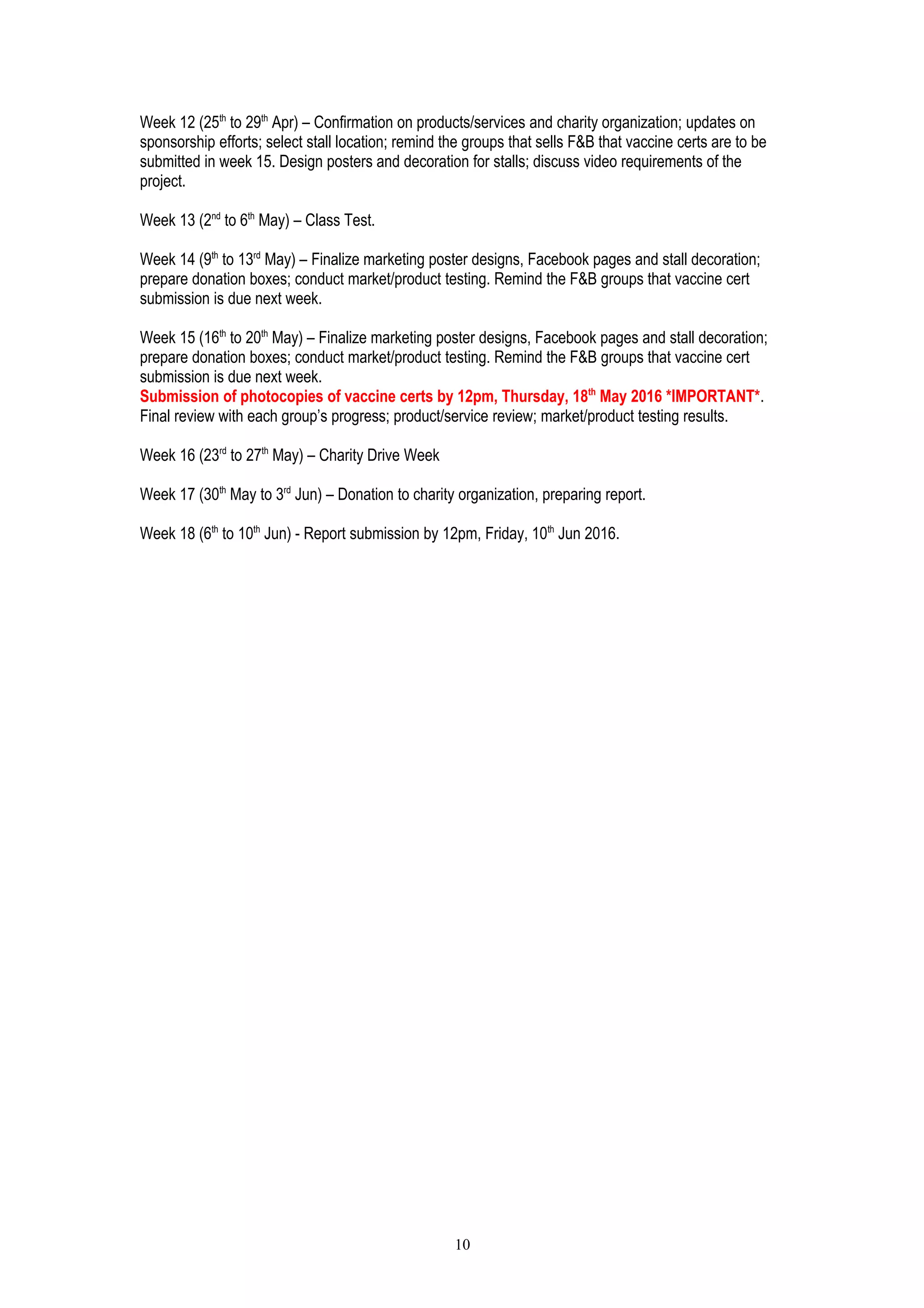 Week 12 (25th
to 29th
Apr) – Confirmation on products/services and charity organization; updates on
sponsorship efforts; select stall location; remind the groups that sells F&B that vaccine certs are to be
submitted in week 15. Design posters and decoration for stalls; discuss video requirements of the
project.
Week 13 (2nd
to 6th
May) – Class Test.
Week 14 (9th
to 13rd
May) – Finalize marketing poster designs, Facebook pages and stall decoration;
prepare donation boxes; conduct market/product testing. Remind the F&B groups that vaccine cert
submission is due next week.
Week 15 (16th
to 20th
May) – Finalize marketing poster designs, Facebook pages and stall decoration;
prepare donation boxes; conduct market/product testing. Remind the F&B groups that vaccine cert
submission is due next week.
Submission of photocopies of vaccine certs by 12pm, Thursday, 18th
May 2016 *IMPORTANT*.
Final review with each group’s progress; product/service review; market/product testing results.
Week 16 (23rd
to 27th
May) – Charity Drive Week
Week 17 (30th
May to 3rd
Jun) – Donation to charity organization, preparing report.
Week 18 (6th
to 10th
Jun) - Report submission by 12pm, Friday, 10th
Jun 2016.
10
 