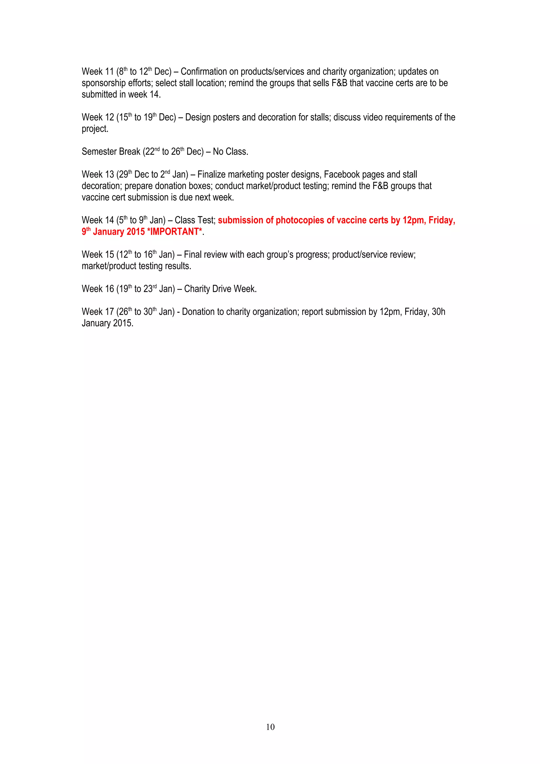 Week 13 (28th
Dec 2015 to 1st
Jan 2016) – Confirmation on products/services and charity organization;
updates on sponsorship efforts; select stall location; remind the groups that sells F&B that vaccine certs
are to be submitted in week 15.
Week 14 (4th
Jan to 8th
Jan 2016) – Design posters and decoration for stalls; discuss video requirements
of the project.
Week 15 (11st
Jan to 15th
Jan 2016) – Class Test.
Week 16 (18th
Jan to 22nd
Jan 2016) – Finalize marketing poster designs, Facebook pages and stall
decoration; prepare donation boxes; conduct market/product testing. Remind the F&B groups that
vaccine cert submission is due next week. Final review with each group’s progress; product/service
review; market/product testing results.
Submission of photocopies of vaccine certs by 12pm, Thursday, 14th
Jan 2016 *IMPORTANT*.
Week 17 (25th
Jan to 29th
Jan 2016) – Charity Drive Week
Week 18 (1st
Feb to 5th
Feb 2016) - Donation to charity organization; report submission by 12pm,
Thursday, 4th
Feb 2016. E-portfolio submission by 12pm, Friday, 5th
Feb 2016.
10
 