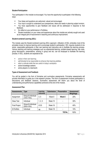 Student Participation
Your participation in the module is encouraged. You have the opportunity to participate in the following
ways:
 Your ideas and questions are welcomed, valued and encouraged.
 Your input is sought to understand your perspectives, ideas and needs in planning subject revision.
 You have opportunities to give feedback and issues will be addressed in response to that
feedback.
 Do reflect on your performance in Portfolios.
 Student evaluation on your views and experiences about the module are actively sought and used
as an integral part of improvement in teaching and continuous improvement.
Student-centered Learning (SCL)
The module uses the Student-centered Learning (SCL) approach. Utilization of SCL embodies most of the
principles known to improve learning and to encourage student’s participation. SCL requires students to be
active, responsible participants in their own learning and instructors are to facilitate the learning process.
Various teaching and learning strategies such as experiential learning, problem-based learning, site visits,
group discussions, presentations, working in group and etc. can be employed to facilitate the learning
process. In SCL, students are expected to be:
 active in their own learning
 self-directed to be responsible to enhance their learning abilities
 able to cultivate skills that are useful in today’s workplace
 active knowledge seekers
 active players in a teamwork
Types of Assessment and Feedback
You will be graded in the form of formative and summative assessments. Formative assessments will
provide information to guide you in the research process. This form of assessment involves participation in
discussions and feedback sessions. Summative assessment will inform you about the level of
understanding and performance capabilities achieved at the end of the module.
Assessment Plan
Assessments Type Learning
outcomes
Submission Presentation Assessment
Weightage
Assignment
Group & Individual
(10%+10%)
3, 5 Week 6 Week 6 20%
Class Test Individual 1, 2, 3 Week 10 - 30%
Final Project
Group & Individual
(30%+10%)
4,5,6 Week 16 - 40%
E-Portfolio Individual All Week 18 - 10%
TOTAL 100%
Introduction to Business (BUS30104): September 2014 5 | P a g e
 