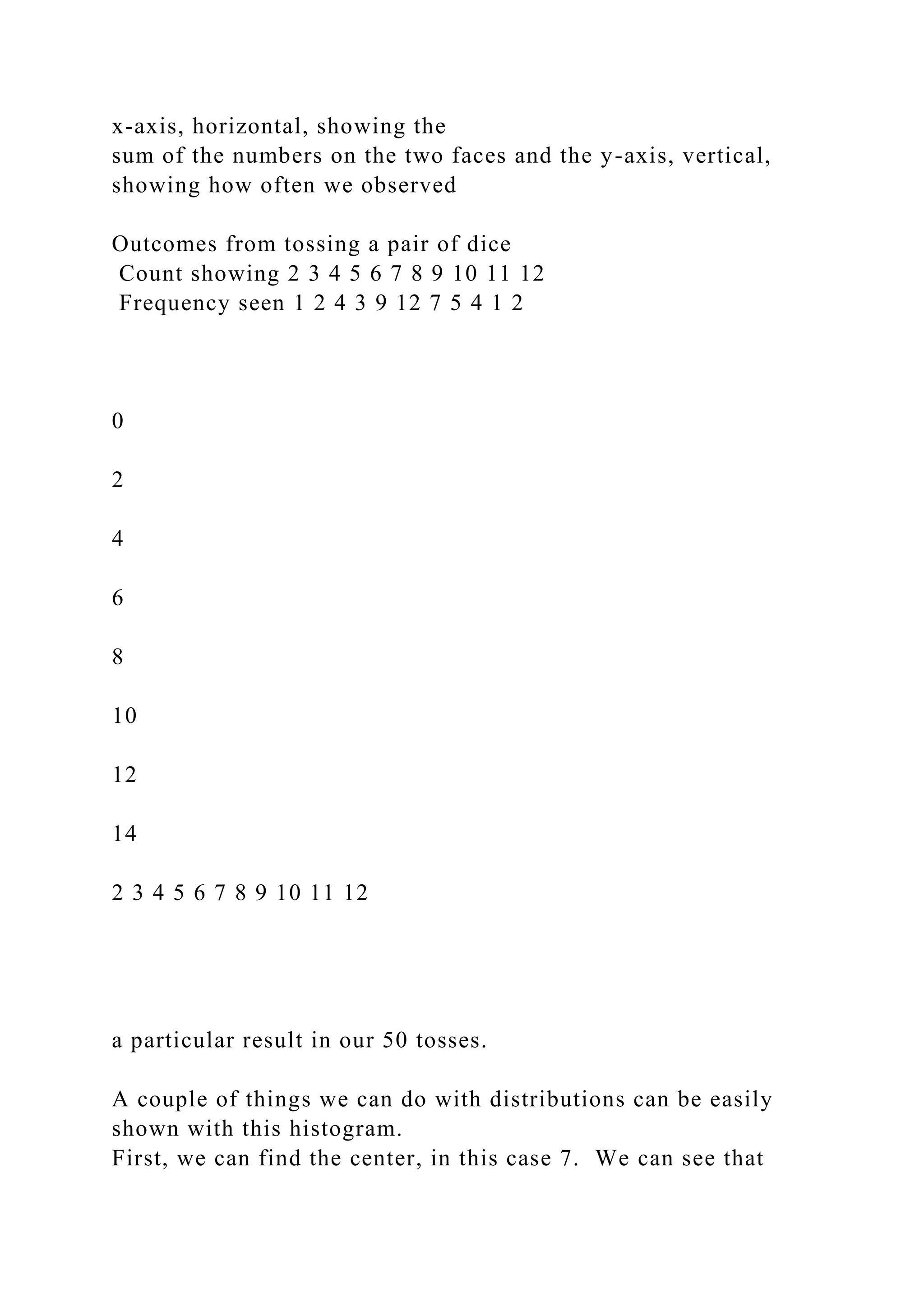 x-axis, horizontal, showing the
sum of the numbers on the two faces and the y-axis, vertical,
showing how often we observed
Outcomes from tossing a pair of dice
Count showing 2 3 4 5 6 7 8 9 10 11 12
Frequency seen 1 2 4 3 9 12 7 5 4 1 2
0
2
4
6
8
10
12
14
2 3 4 5 6 7 8 9 10 11 12
a particular result in our 50 tosses.
A couple of things we can do with distributions can be easily
shown with this histogram.
First, we can find the center, in this case 7. We can see that
 