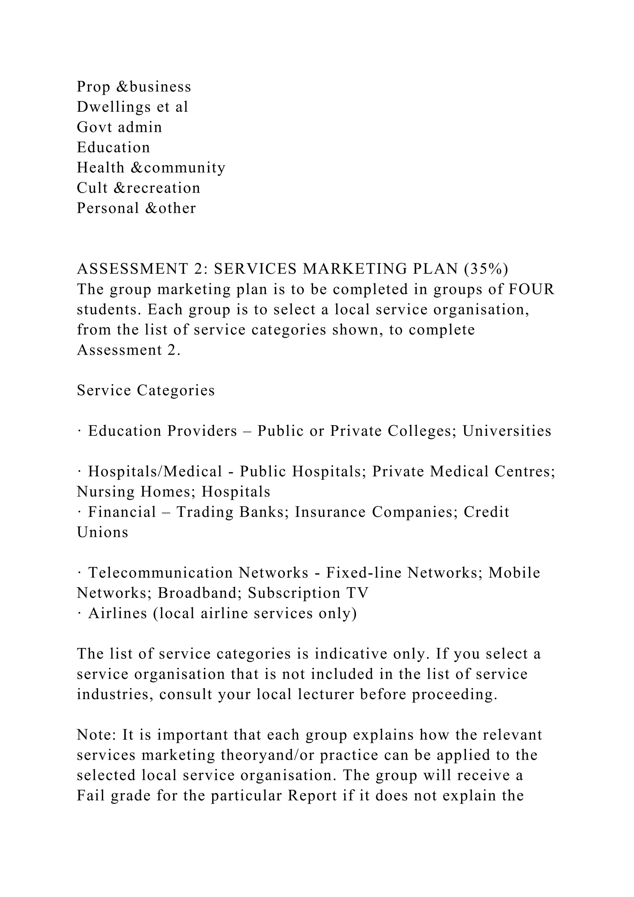 Prop &business
Dwellings et al
Govt admin
Education
Health &community
Cult &recreation
Personal &other
ASSESSMENT 2: SERVICES MARKETING PLAN (35%)
The group marketing plan is to be completed in groups of FOUR
students. Each group is to select a local service organisation,
from the list of service categories shown, to complete
Assessment 2.
Service Categories
· Education Providers – Public or Private Colleges; Universities
· Hospitals/Medical - Public Hospitals; Private Medical Centres;
Nursing Homes; Hospitals
· Financial – Trading Banks; Insurance Companies; Credit
Unions
· Telecommunication Networks - Fixed-line Networks; Mobile
Networks; Broadband; Subscription TV
· Airlines (local airline services only)
The list of service categories is indicative only. If you select a
service organisation that is not included in the list of service
industries, consult your local lecturer before proceeding.
Note: It is important that each group explains how the relevant
services marketing theoryand/or practice can be applied to the
selected local service organisation. The group will receive a
Fail grade for the particular Report if it does not explain the
 