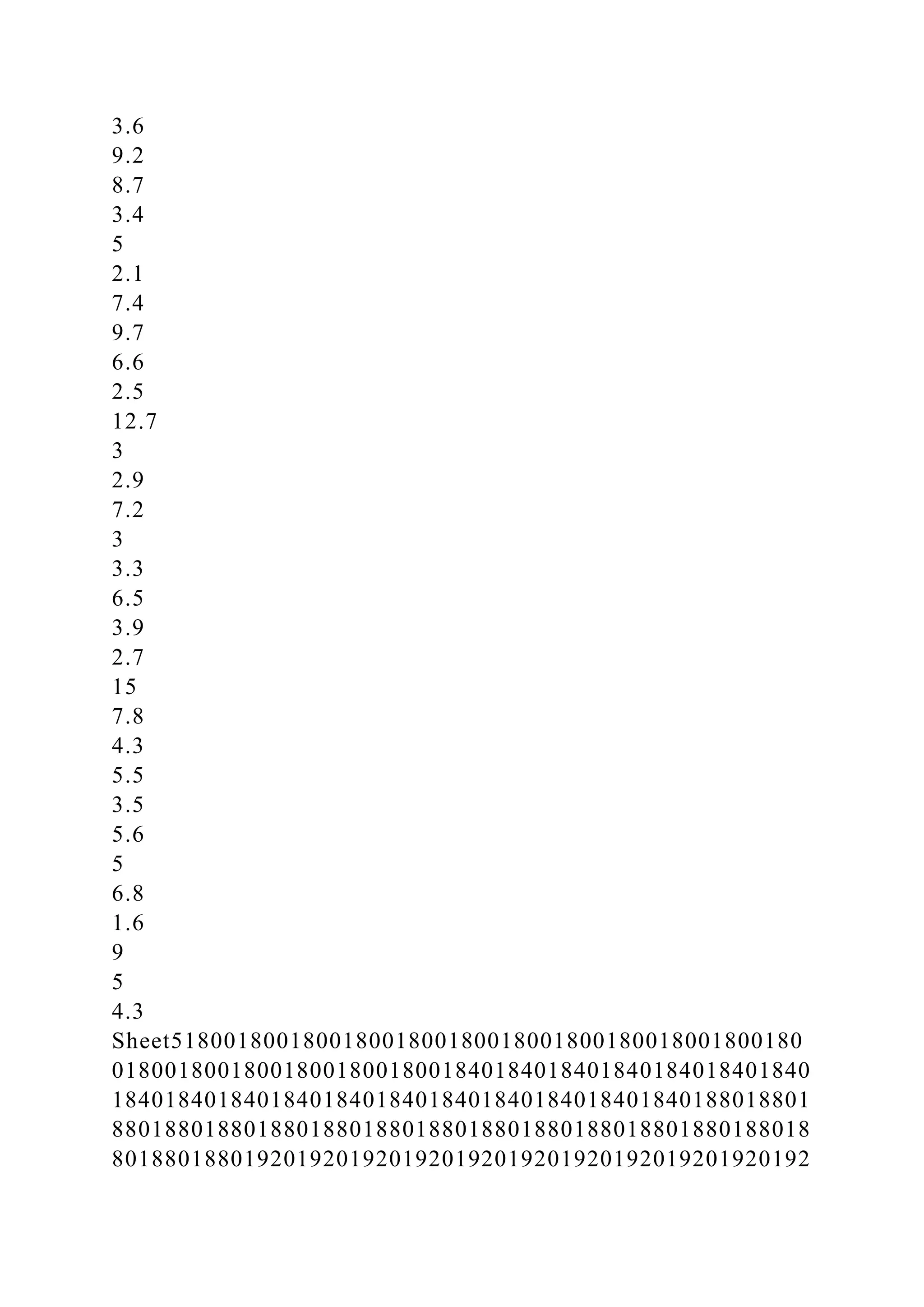 3.6
9.2
8.7
3.4
5
2.1
7.4
9.7
6.6
2.5
12.7
3
2.9
7.2
3
3.3
6.5
3.9
2.7
15
7.8
4.3
5.5
3.5
5.6
5
6.8
1.6
9
5
4.3
Sheet518001800180018001800180018001800180018001800180
01800180018001800180018001840184018401840184018401840
18401840184018401840184018401840184018401840188018801
88018801880188018801880188018801880188018801880188018
80188018801920192019201920192019201920192019201920192
 