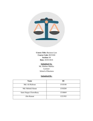 Course Title: Business Law
Course Code: BUS360
Section: 04
Date: 28/03/2018
Submitted To:
Mr. Iftekhar Mahfuz
Lecturer
School of Business
Submitted By:
Name ID
Md. Ali Ridwan 1510188
Md. Mehedi Hasan 1530260
Sami Haque Chowdhury 1510069
Abu Kausar 1321503
 