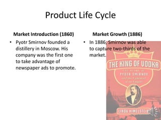 Product Life Cycle
Market Introduction (1860)
• Pyotr Smirnov founded a
distillery in Moscow. His
company was the first one
to take advantage of
newspaper ads to promote.
Market Growth (1886)
• In 1886, Smirnov was able
to capture two-thirds of the
market.
 