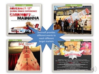Smirnoff provides
different events to
reach different
target markets
USA Russia
India Brazil
 