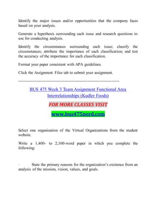 Identify the major issues and/or opportunities that the company faces
based on your analysis.
Generate a hypothesis surrounding each issue and research questions to
use for conducting analysis.
Identify the circumstances surrounding each issue; classify the
circumstances; attribute the importance of each classification; and test
the accuracy of the importance for each classification.
Format your paper consistent with APA guidelines.
Click the Assignment Files tab to submit your assignment.
---------------------------------------------------------------------------
BUS 475 Week 3 Team Assignment Functional Area
Interrelationships (Kudler Foods)
FOR MORE CLASSES VISIT
www.bus475nerd.com
Select one organization of the Virtual Organizations from the student
website.
Write a 1,400- to 2,100-word paper in which you complete the
following:
· State the primary reasons for the organization’s existence from an
analysis of the mission, vision, values, and goals.
 