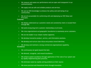 •   We measure and assess our performance and are open and transparent in our
     communications.

 •   We supply and use safe and reliable products and services.

 •   We use our EHS knowledge to enhance the safety and well-being of our
     communities.

 •   We are all accountable for conforming with and deploying our EHS Value and
     Principles.
Customer

 •   We deeply understand our customers needs and consistently meet or exceed them
     through ABS.

 •   We build strong long-term customer relationships at all levels.

 •   We cross organizational and geographic boundaries to seamlessly serve customers.

 •   We are the leader in our chosen market segments.

 •   We develop innovative product, service, and information solutions.

 •   We develop and nurture clear Alcoa and product brand identities.

  • We develop and maintain a strong commercial organizational capability.
Excellence

 •   We continuously set goals beyond the best.

 •   We demand, recognize, and reward excellence.

 •   We achieve system excellence through application of the rules of our system and
     by rapidly implementing best practices.

 •   We eliminate waste by rapidly solving problems at their source.

 •   We move practical and theoretical limits through innovation.
 