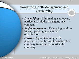 63



                    Downsizing, Self-Management, and
                              Outsourcing

                     • Downsizing – Eliminating employees,
                       particularly middle managers, in a
                       company
                     • Self-management – Delegating work to
                       lower, operating levels of an
                       organization
                     • Outsourcing – Obtaining work
                       previously done by employees inside a
                       company from sources outside the
                       company


McGraw-Hill/Irwin                  © 2005 The McGraw-Hill Companies, Inc., All Rights Reserved.
 
