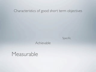 Characteristics of good short term objectives




                                Speciﬁc
              Achievable


Measurable
 