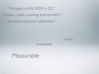 “Increase proﬁts 500% in Q3”
“Create a safer working environment”
   “Increase customer satisfaction”



                                       Speciﬁc
                      Achievable


      Measurable
 