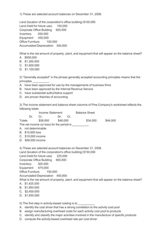 1) These are selected account balances on December 31, 2008.
Land (location of the corporation's office building) $100,000
Land (held for future use) 150,000
Corporate Office Building 600,000
Inventory 200,000
Equipment 450,000
Office Furniture 100,000
Accumulated Depreciation 300,000
What is the net amount of property, plant, and equipment that will appear on the balance sheet?
A. $950,000
B. $1,300,000
C. $1,600,000
D. $1,100,000
2) "Generally accepted" in the phrase generally accepted accounting principles means that the
principles __________.
A. have been approved for use by the managements of business firms
B. have been approved by the Internal Revenue Service
C. have substantial authoritative support
D. are proven theories of accounting
3) The income statement and balance sheet columns of Pine Company's worksheet reflects the
following totals:
Income Statement Balance Sheet
Dr. Cr. Dr. Cr.
Totals $58,000 $48,000 $34,000 $44,000
The net income (or loss) for the period is __________.
A. not determinable
B. $10,000 loss
C. $10,000 income
D. $48,000 income
4) These are selected account balances on December 31, 2008.
Land (location of the corporation's office building) $150,000
Land (held for future use) 225,000
Corporate Office Building 900,000
Inventory 300,000
Equipment 675,000
Office Furniture 150,000
Accumulated Depreciation 450,000
What is the net amount of property, plant, and equipment that will appear on the balance sheet?
A. $1,425,000
B. $1,950,000
C. $2,400,000
D. $1,650,000
5) The first step in activity-based costing is to __________.
A. identify the cost driver that has a strong correlation to the activity cost pool
B. assign manufacturing overhead costs for each activity cost pool to products
C. identify and classify the major activities involved in the manufacture of specific products
D. compute the activity-based overhead rate per cost driver
 