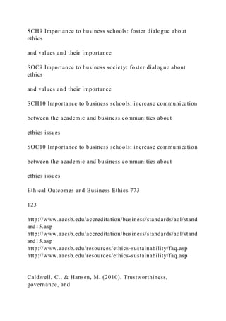 SCH9 Importance to business schools: foster dialogue about
ethics
and values and their importance
SOC9 Importance to business society: foster dialogue about
ethics
and values and their importance
SCH10 Importance to business schools: increase communication
between the academic and business communities about
ethics issues
SOC10 Importance to business schools: increase communication
between the academic and business communities about
ethics issues
Ethical Outcomes and Business Ethics 773
123
http://www.aacsb.edu/accreditation/business/standards/aol/stand
ard15.asp
http://www.aacsb.edu/accreditation/business/standards/aol/stand
ard15.asp
http://www.aacsb.edu/resources/ethics-sustainability/faq.asp
http://www.aacsb.edu/resources/ethics-sustainability/faq.asp
Caldwell, C., & Hansen, M. (2010). Trustworthiness,
governance, and
 