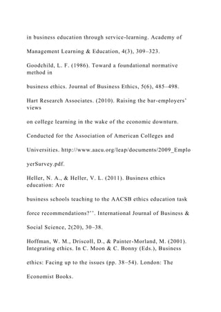 in business education through service-learning. Academy of
Management Learning & Education, 4(3), 309–323.
Goodchild, L. F. (1986). Toward a foundational normative
method in
business ethics. Journal of Business Ethics, 5(6), 485–498.
Hart Research Associates. (2010). Raising the bar-employers’
views
on college learning in the wake of the economic downturn.
Conducted for the Association of American Colleges and
Universities. http://www.aacu.org/leap/documents/2009_Emplo
yerSurvey.pdf.
Heller, N. A., & Heller, V. L. (2011). Business ethics
education: Are
business schools teaching to the AACSB ethics education task
force recommendations?’’. International Journal of Business &
Social Science, 2(20), 30–38.
Hoffman, W. M., Driscoll, D., & Painter-Morland, M. (2001).
Integrating ethics. In C. Moon & C. Bonny (Eds.), Business
ethics: Facing up to the issues (pp. 38–54). London: The
Economist Books.
 