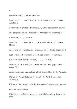 of
Business Ethics, 105(3), 289–306.
McCabe, D. L., Butterfield, K. D., & Trevino, L. K. (2006).
Academic
dishonesty in graduate business programs: Prevalence, causes,
and proposed action. Academy of Management Learning &
Education, 5(3), 294–305.
McCabe, D. L., Trevino, L. K., & Butterfield, K. D. (2002).
Honor
codes and other contextual influences on academic integrity: A
replication and extension to modified honor code settings.
Research in Higher Education, 43(3), 357–378.
McLean, B., & Elkind, P. (2003). The smartest guys in the
room: The
amazing rise and scandalous fall of Enron. New York: Penguin.
Miller, A. N., & Bedeian, A. G. (2010). Publish or perish:
Academic
life as we live it (pp. 1–6). In Academy of management annual
meeting proceedings.
Mintzberg, H. (2004). Managers not MBAs: A hard look at the
soft
 