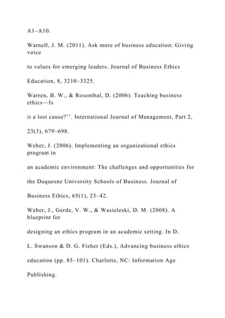 A1–A10.
Warnell, J. M. (2011). Ask more of business education: Giving
voice
to values for emerging leaders. Journal of Business Ethics
Education, 8, 3210–3325.
Warren, B. W., & Rosenthal, D. (2006). Teaching business
ethics—Is
it a lost cause?’’. International Journal of Management, Part 2,
23(3), 679–698.
Weber, J. (2006). Implementing an organizational ethics
program in
an academic environment: The challenges and opportunities for
the Duquesne University Schools of Business. Journal of
Business Ethics, 65(1), 23–42.
Weber, J., Gerde, V. W., & Wasieleski, D. M. (2008). A
blueprint for
designing an ethics program in an academic setting. In D.
L. Swanson & D. G. Fisher (Eds.), Advancing business ethics
education (pp. 85–101). Charlotte, NC: Information Age
Publishing.
 