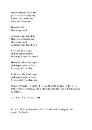 leader demonstrates the
practices of exemplary
leadership, based on
relevant literature.
Describe the
challenges and
opportunities faced by
Does not describe the
challenges and
opportunities faced by a
Lists the challenges
and/or opportunities
faced by a specific leader.
Describes the challenges
and opportunities faced
by a specific leader.
Evaluates the challenges
and opportunities faced
by a specific leader, and
Course Project – BUS3012 - May 16 2016 to Jun 17 2016 - ...
https://courserooma.capella.edu/webapps/blackboard/content/lis
tContent....
2 of 5 6/12/2016 12:31 PM
Criteria Non-performance Basic Proficient Distinguished
a specific leader.
 