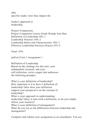 20%
specific leader. how they impact the
leader's approach to
leadership.
Project Components
Project Component Course Grade Weight Unit Due
Definition of Leadership 10% 1
Leadership Theories 10% 2
Leadership Styles and Characteristics 10% 3
Effective Leadership Practices Project 25% 5
Total: 55%
[u01a1] Unit 1 Assignment 1
Definition of Leadership
Based on the readings for this unit, your
independent research, and your
self-reflection, write a paper that addresses
the following prompts:
What is your definition of leadership?
How important is it to have a definition of
leadership? How does your definition
support your perspective on the concept of
leadership?
What is your approach to understanding
leadership? Does it start with a definition, or do you simply
follow your instincts?
What is your definition of management?
What do you see as the differences between leadership and
management?
Complete and submit your assignment as an attachment. You are
 