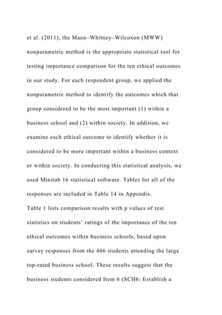 et al. (2011), the Mann–Whitney–Wilcoxon (MWW)
nonparametric method is the appropriate statistical tool for
testing importance comparison for the ten ethical outcomes
in our study. For each respondent group, we applied the
nonparametric method to identify the outcomes which that
group considered to be the most important (1) within a
business school and (2) within society. In addition, we
examine each ethical outcome to identify whether it is
considered to be more important within a business context
or within society. In conducting this statistical analysis, we
used Minitab 16 statistical software. Tables for all of the
responses are included in Table 14 in Appendix.
Table 1 lists comparison results with p values of test
statistics on students’ ratings of the importance of the ten
ethical outcomes within business schools, based upon
survey responses from the 466 students attending the large
top-rated business school. These results suggest that the
business students considered Item 6 (SCH6: Establish a
 