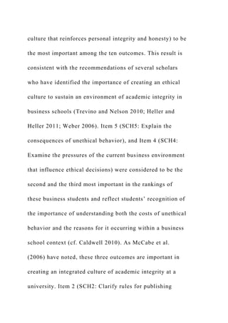 culture that reinforces personal integrity and honesty) to be
the most important among the ten outcomes. This result is
consistent with the recommendations of several scholars
who have identified the importance of creating an ethical
culture to sustain an environment of academic integrity in
business schools (Trevino and Nelson 2010; Heller and
Heller 2011; Weber 2006). Item 5 (SCH5: Explain the
consequences of unethical behavior), and Item 4 (SCH4:
Examine the pressures of the current business environment
that influence ethical decisions) were considered to be the
second and the third most important in the rankings of
these business students and reflect students’ recognition of
the importance of understanding both the costs of unethical
behavior and the reasons for it occurring within a business
school context (cf. Caldwell 2010). As McCabe et al.
(2006) have noted, these three outcomes are important in
creating an integrated culture of academic integrity at a
university. Item 2 (SCH2: Clarify rules for publishing
 